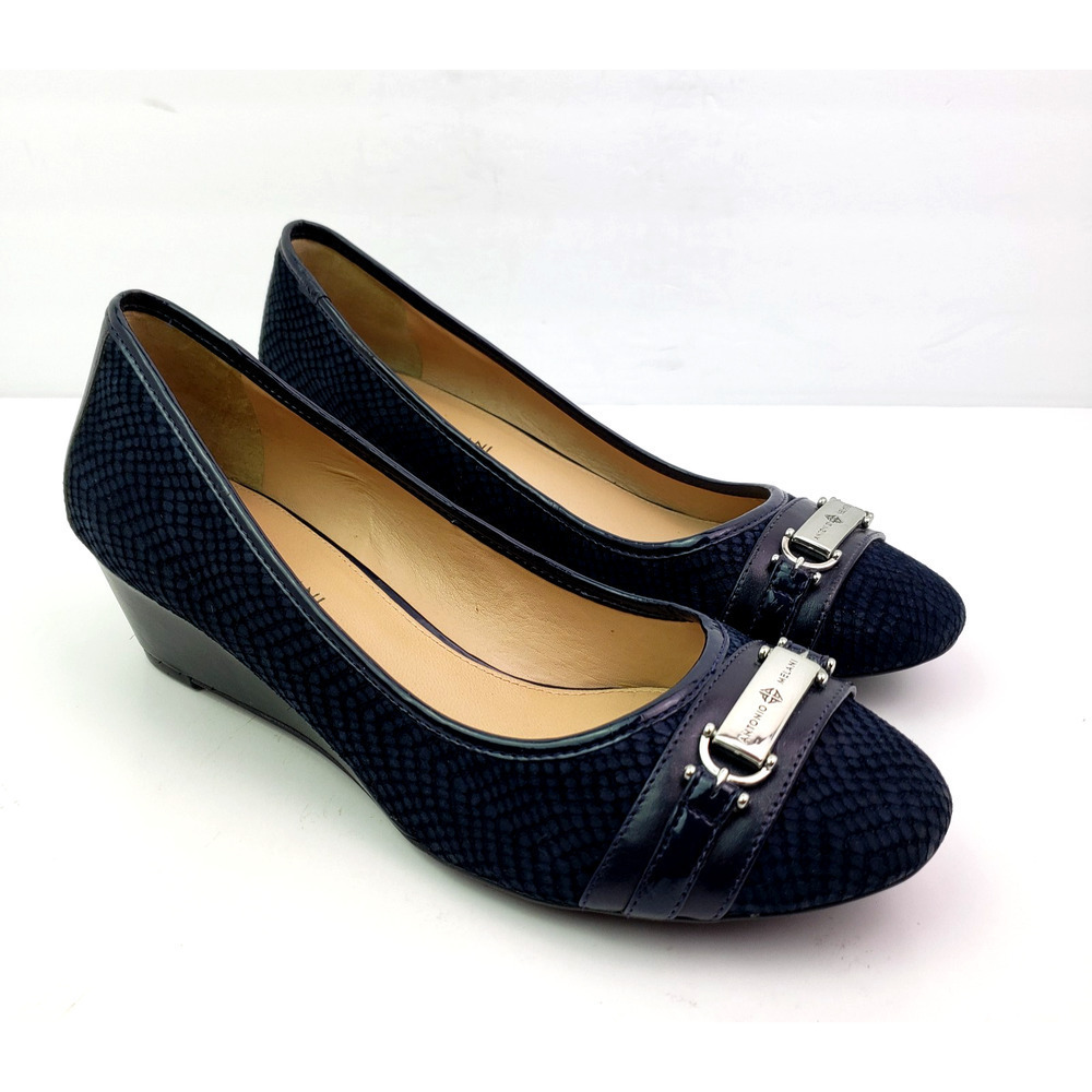 Antonio Melani Marva Womens Size 10 Navy Blue Leather Slip On Wedge Pump Shoes